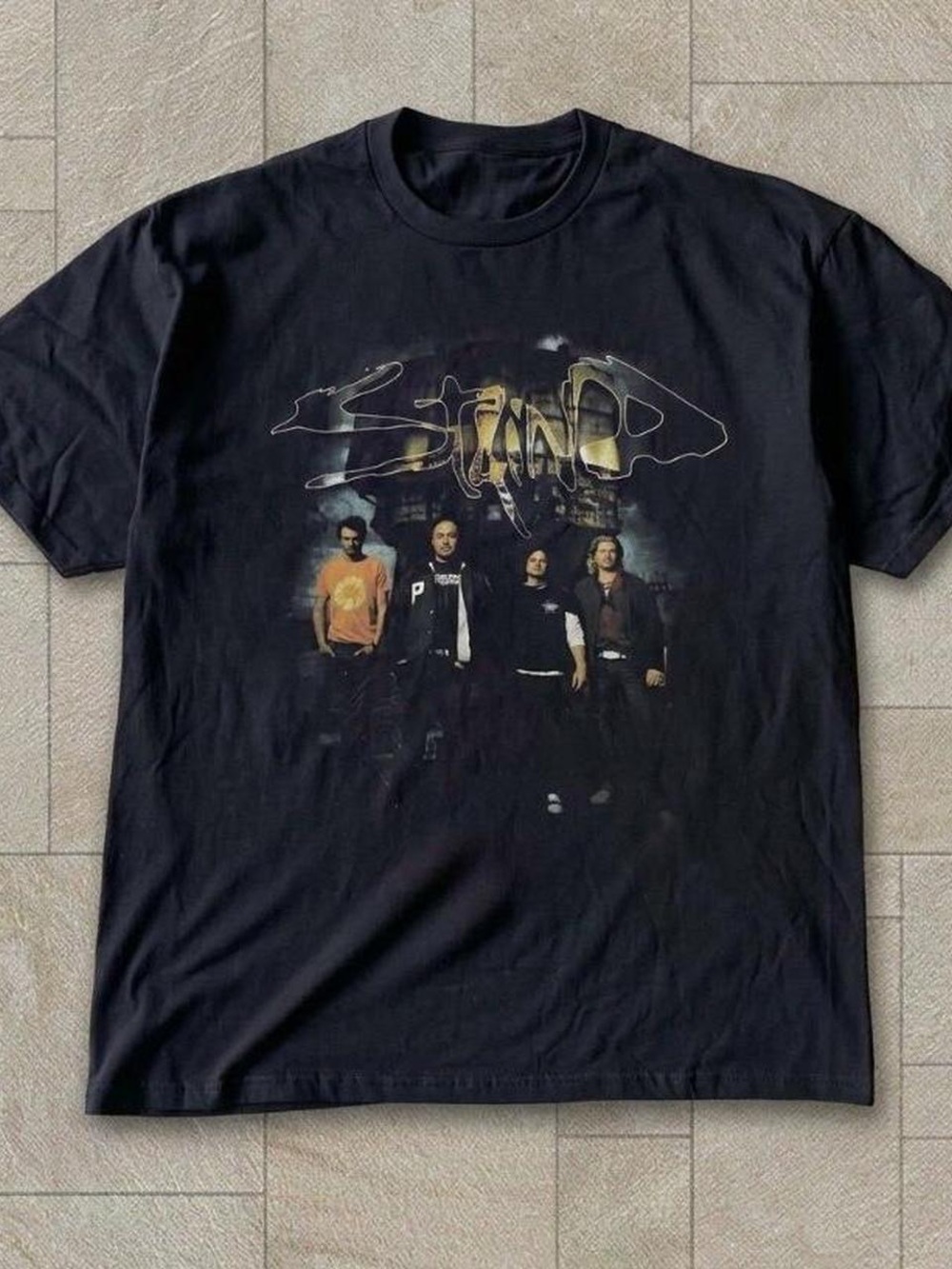 Gildan Black Short Sleeve Band Graphic Tee with Yellow Accent